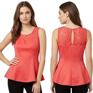 Tally Weijl Peplum Top Womens Coral Lace Sleeveless Cute Blouse‎ Evening Chic M